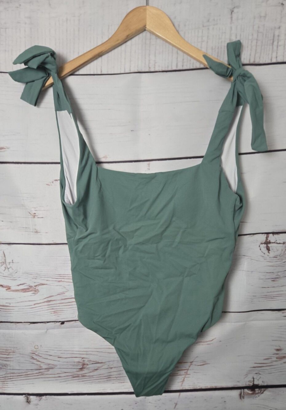 Womens Swim Suit Large Sage Green Adjustable Tie Shoulder Strap Ruched Bottom